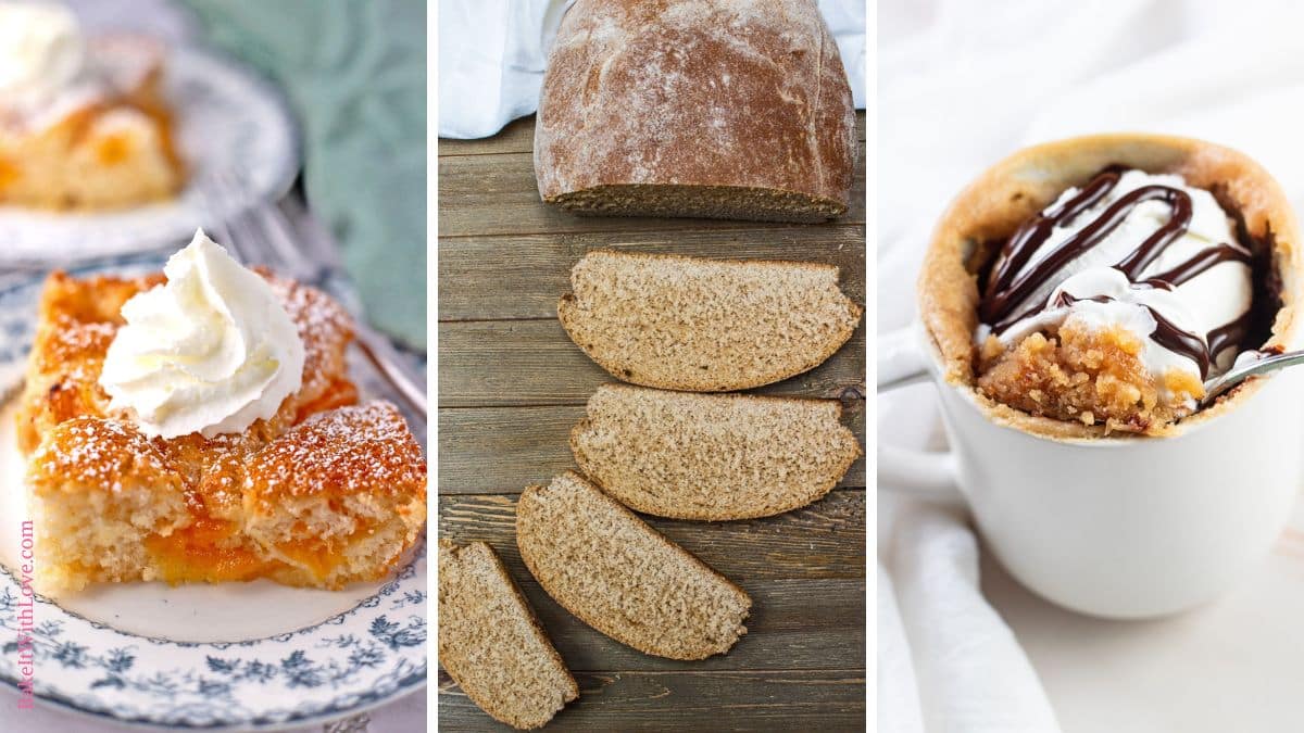 A wide trio of images showing Paula Deen's peach cobbler, homemade bread, and a Nutella mug cake, all made without eggs.