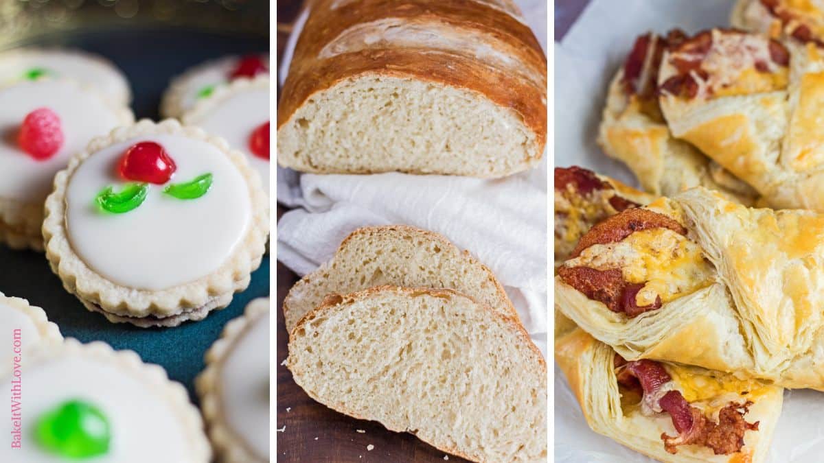 A wide trio of images showing empire biscuit cookies, homemade wheat bread, and cheddar bacon turnovers, all made without eggs.