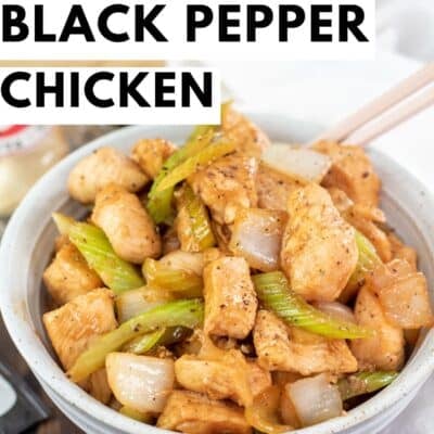 Panda Express copycat black pepper chicken Pinterest Pin with red and black text showing a white bowl of tender wok-fried chicken, celery, and onions in zesty pepper sauce.