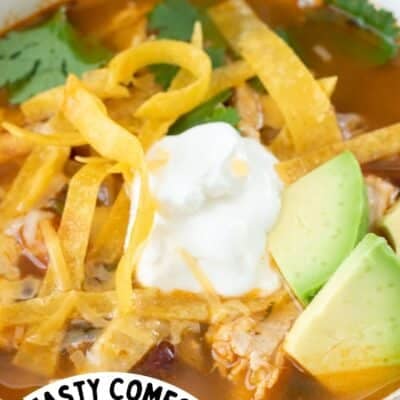 Best chicken tortilla soup recipe pin with a closeup image of the soup in a tan bowl with an insert photo of the ingredients.