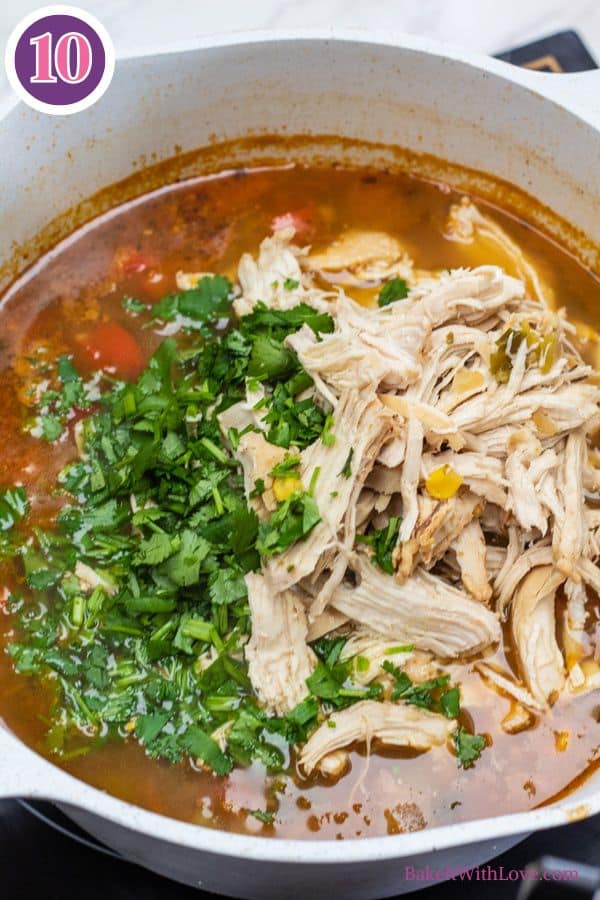 Chicken tortilla soup process photo 10 return the shredded chicken to the soup.