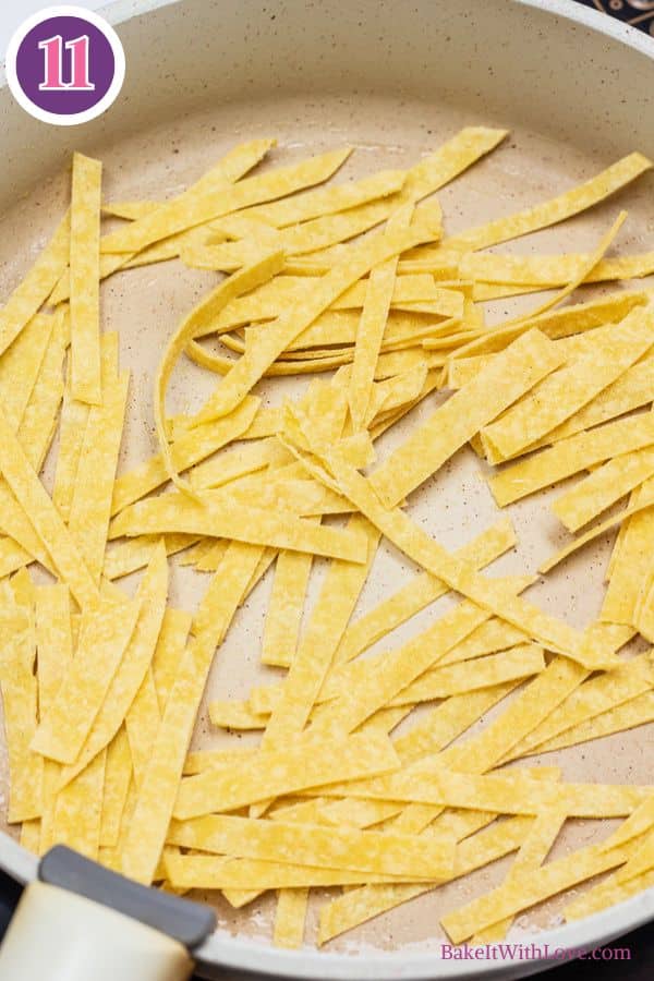 Chicken tortilla soup process photo 11 optional step of starting to fry the sliced tortilla strips.