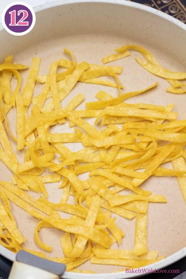 Chicken tortilla soup process photo 11 optional step of crispy tortilla strips in the pan.