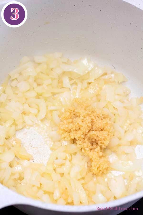 Chicken tortilla soup process photo 3 add onion and garlic to saute.
