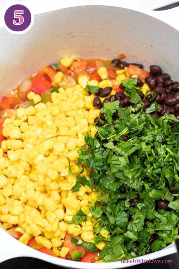 Chicken tortilla soup process photo 5 add corn, cilantro, and black beans.