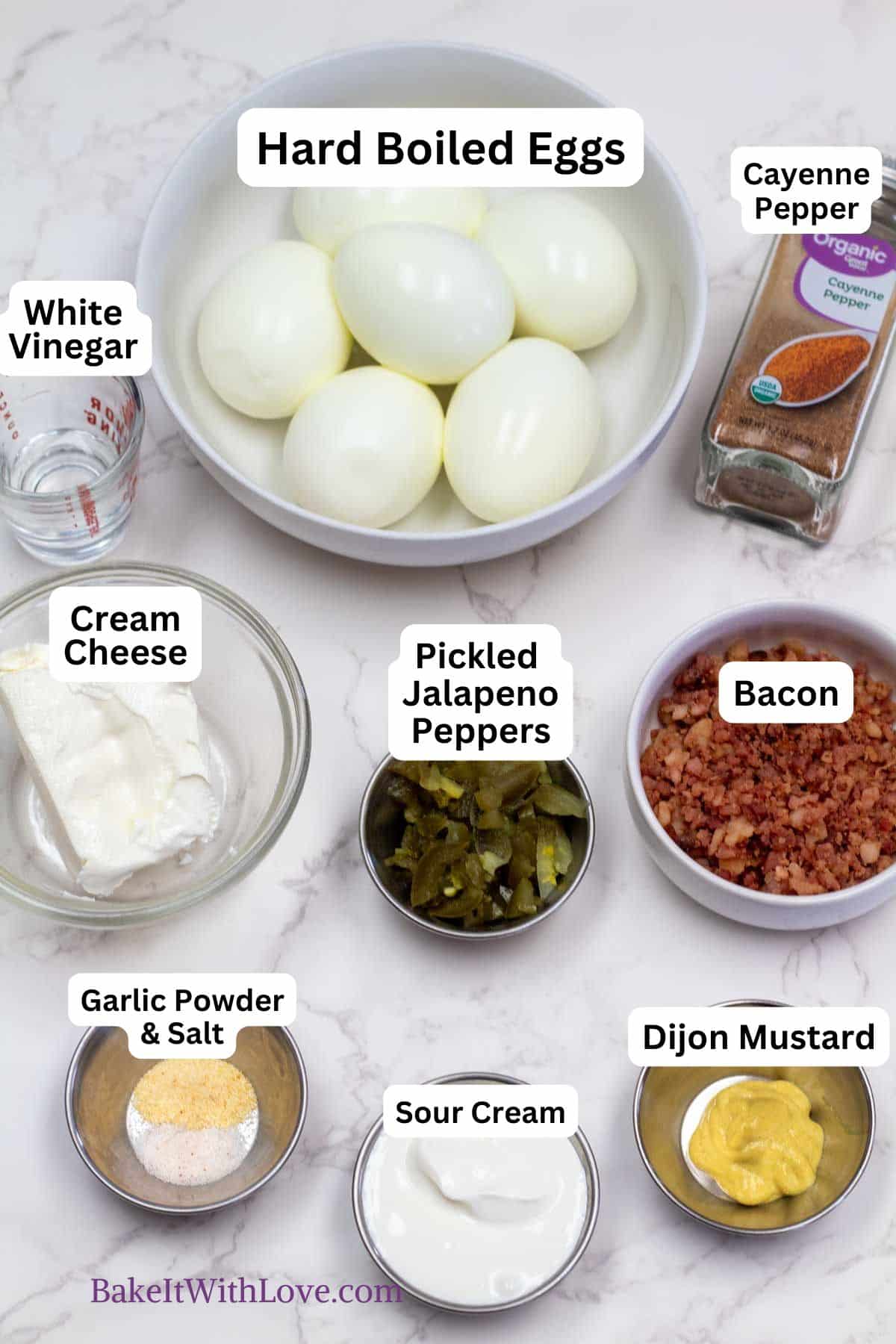 Jalapeno popper deviled eggs ingredients measured out and ready to combine.