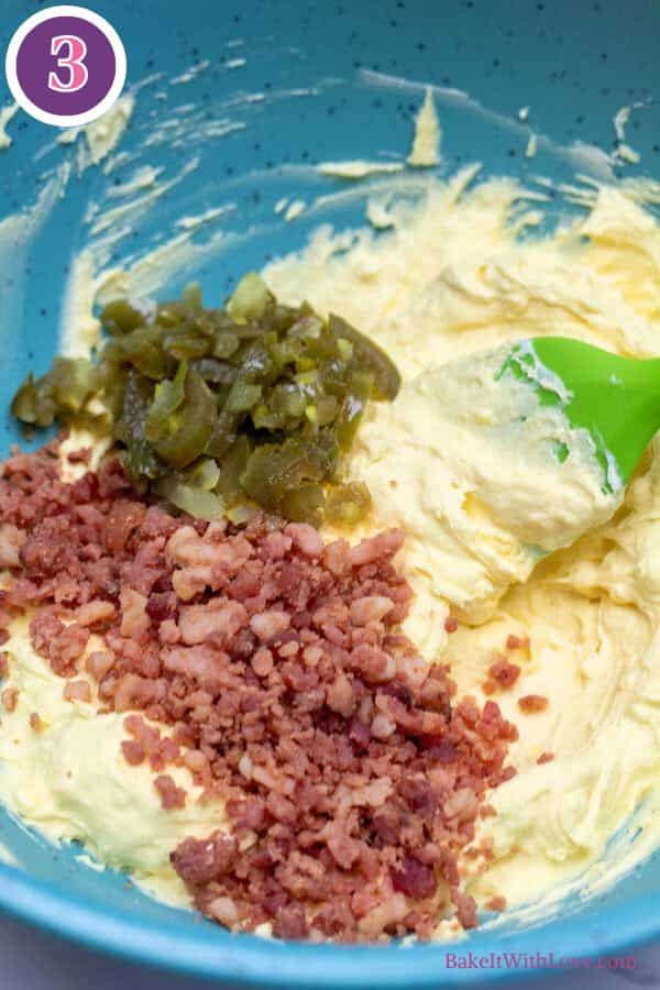 Jalapeno popper deviled eggs process photo 3 add the bacon and jalapenos then mix until smooth.