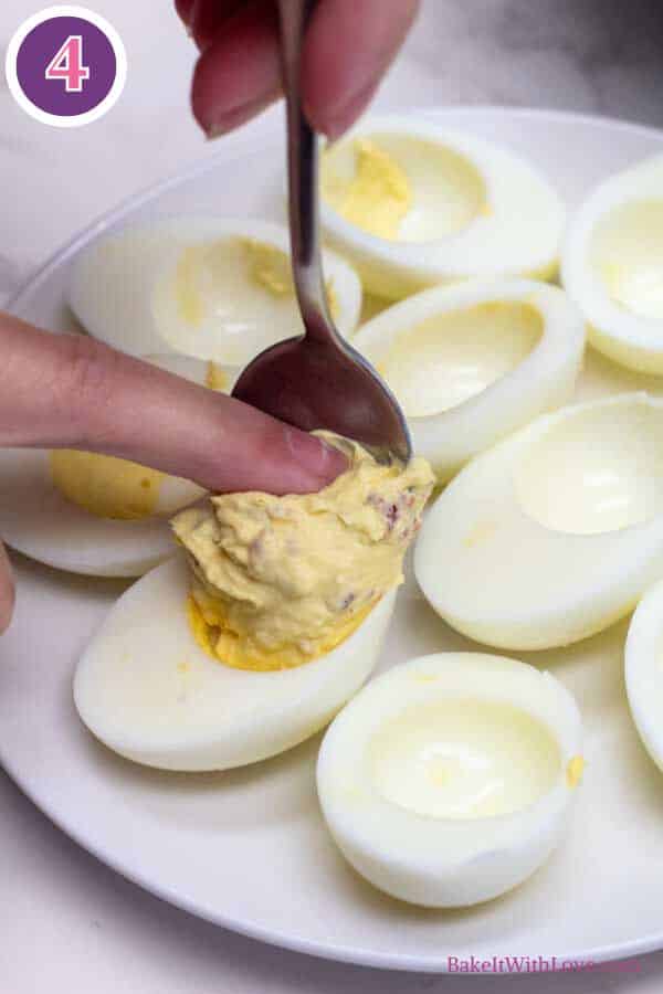 Jalapeno popper deviled eggs process photo 4 spoon the filling into the egg whites.