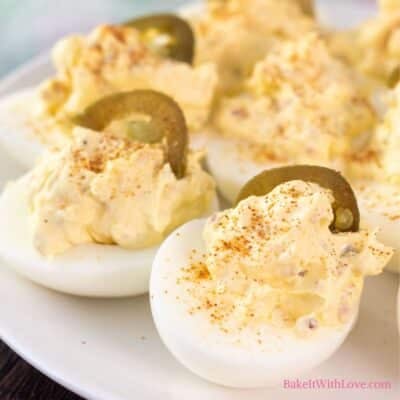Best jalapeno popper deviled eggs recipe with creamy filling and pickled jalapenos.