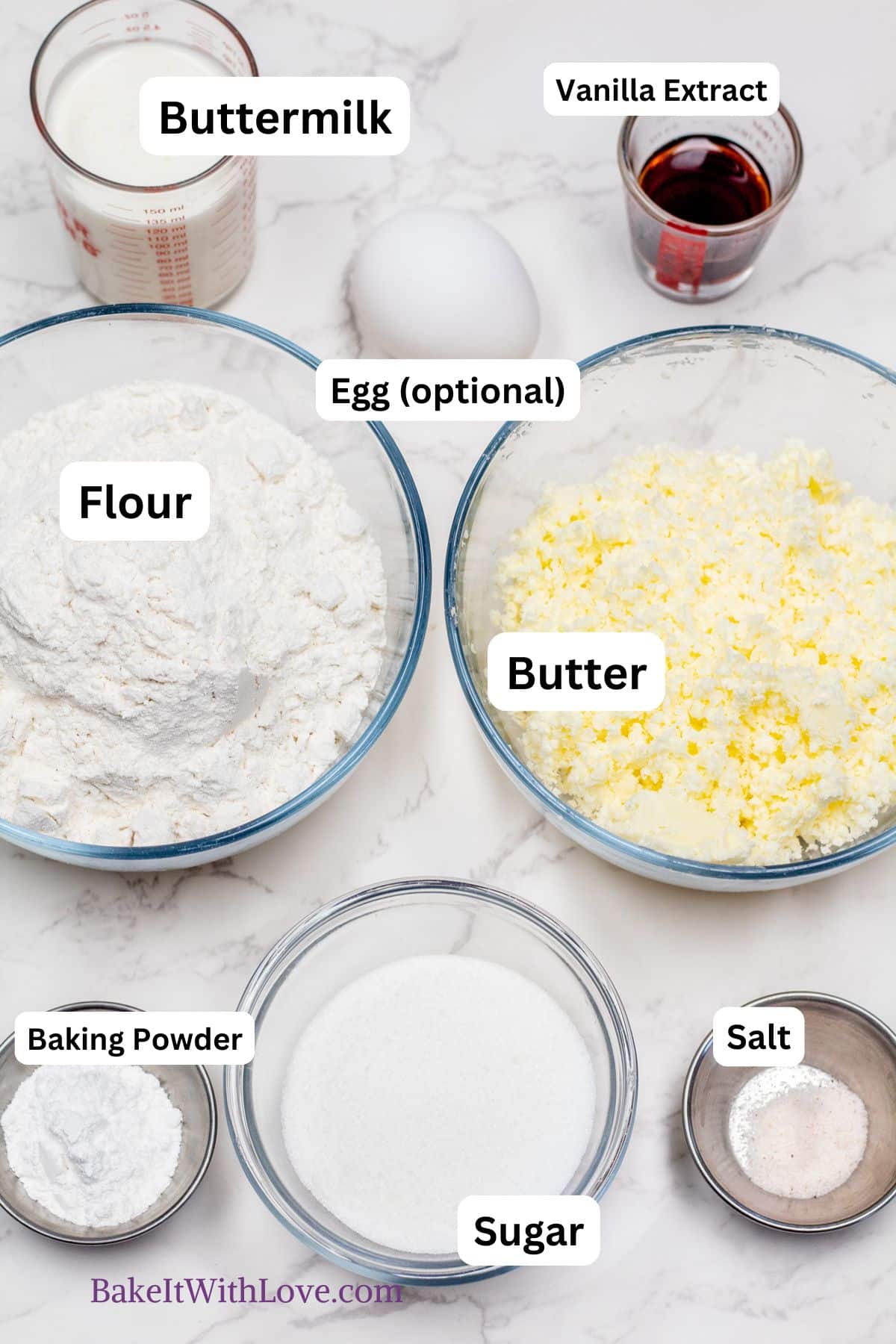 Master scones recipe ingredients including the optional egg that can be mixed into the dough or used as egg wash only.