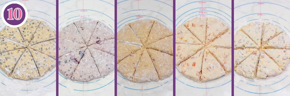 Master scones recipe process photo 10 shaped rounds cut into 8 wedges.