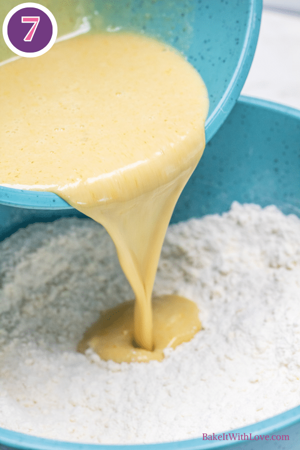 Master scones recipe process photo 7 add wet ingredients to the dry ingredient mixture.