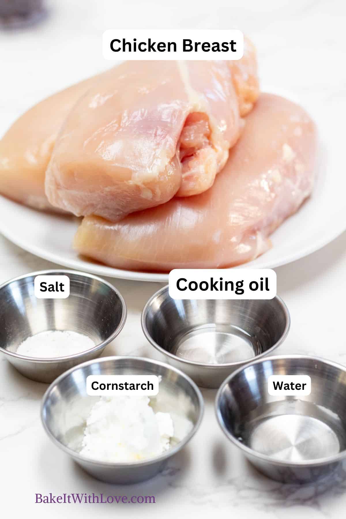 Firecracker Chickenand marinade Ingredients photo 1 with labels including Chicken, salt, oil, cornstarch, water.