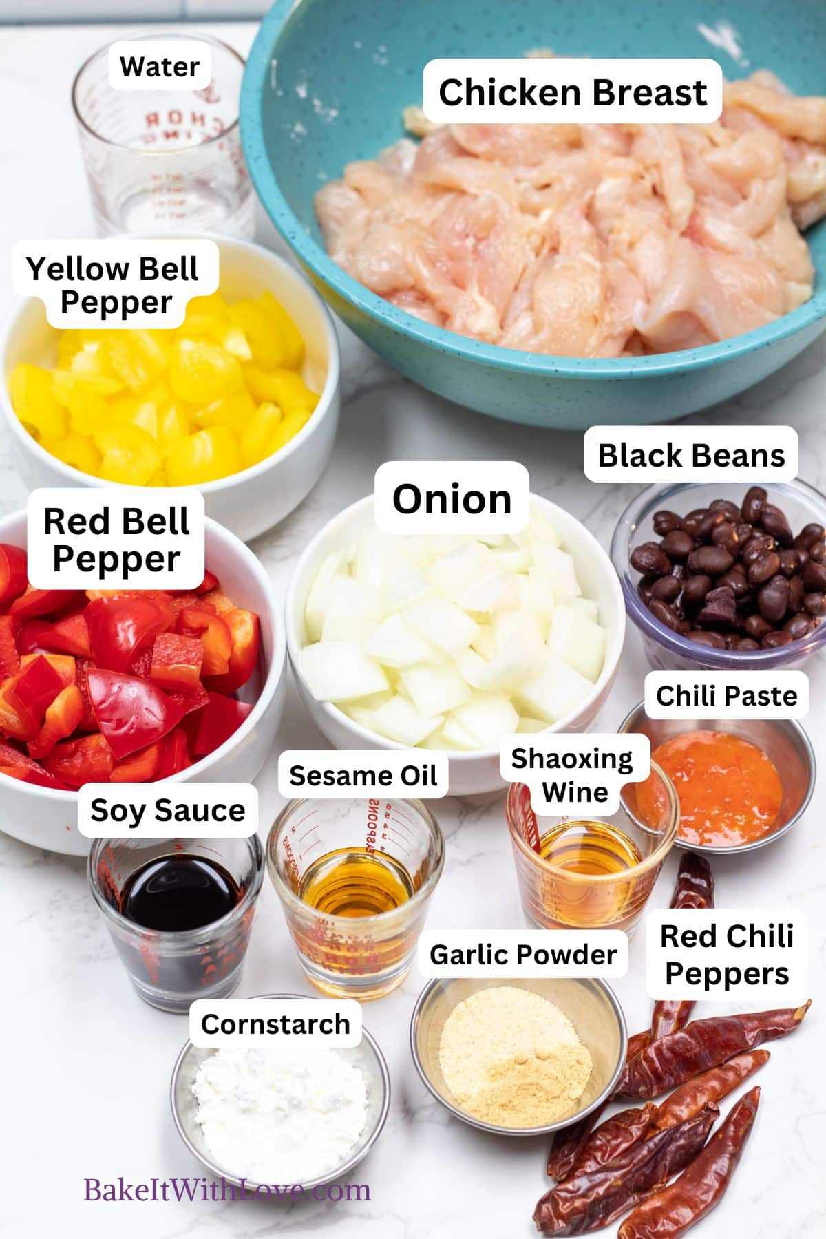 Firecracker Chicken Ingredients photo 2 with labels including Chicken, peppers, onion, beans, sauces, spices.