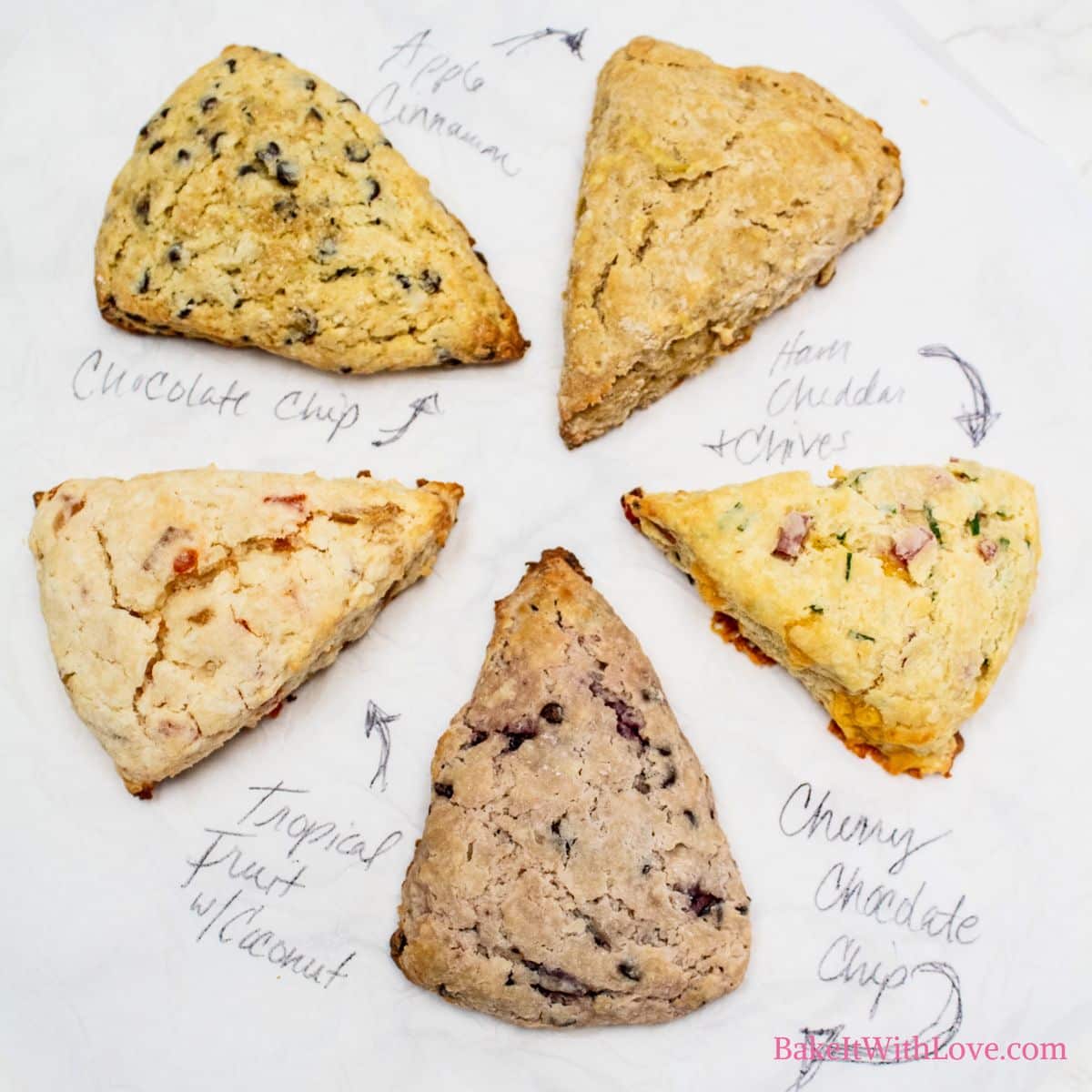 Bake It With Love's master scones recipe used to make these 5 tasty flavors illustrated with flavor names written on parchment paper next to each of the 5 scones.