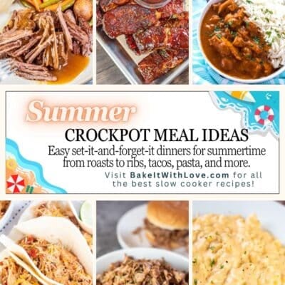 Best summer crockpot meal ideas collage pin featuring 6 tasty dishes.