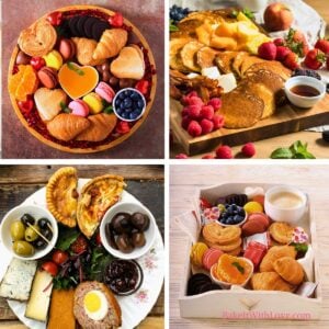 A square four-image collage showcasing four different breakfast board ideas. The top left features a sweet pastry board with croissants, macarons, chocolates, and fruit. The top right displays a pancake breakfast board with pancakes, berries, peaches, butter, and syrup. The bottom left presents a savory breakfast or brunch board with mini pies, olives, cheese, a Scotch egg, and chutney. The bottom right shows a board with mini pastries, macarons, fruit preserves, blueberries, chocolates, and coffee.