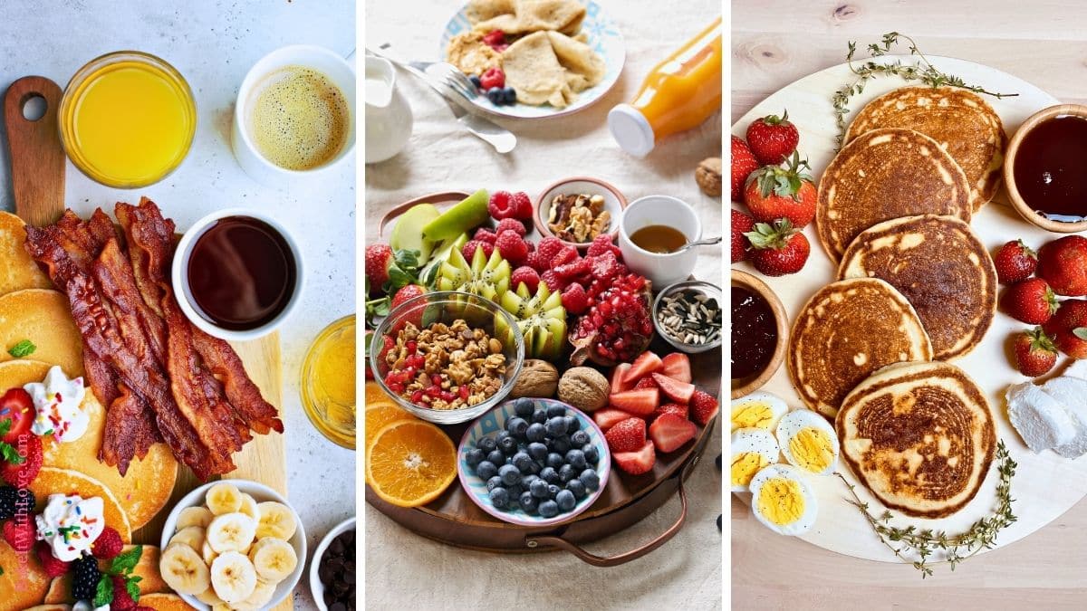 A wide collage illustrating three breakfast board ideas: one with pancakes, bacon, and fruit; another featuring a grazing board with fresh fruit, granola, and syrup; and a third with pancakes, hard-boiled eggs, jam, and powdered sugar.