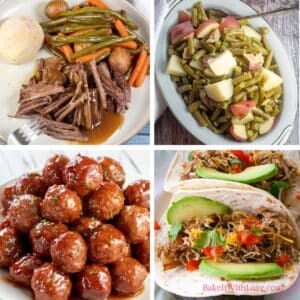 A square collage of four images showing easy summer crockpot meals including tender London broil pot roast, green beans and potatoes, grape jelly meatballs, and pork carnitas tacos.