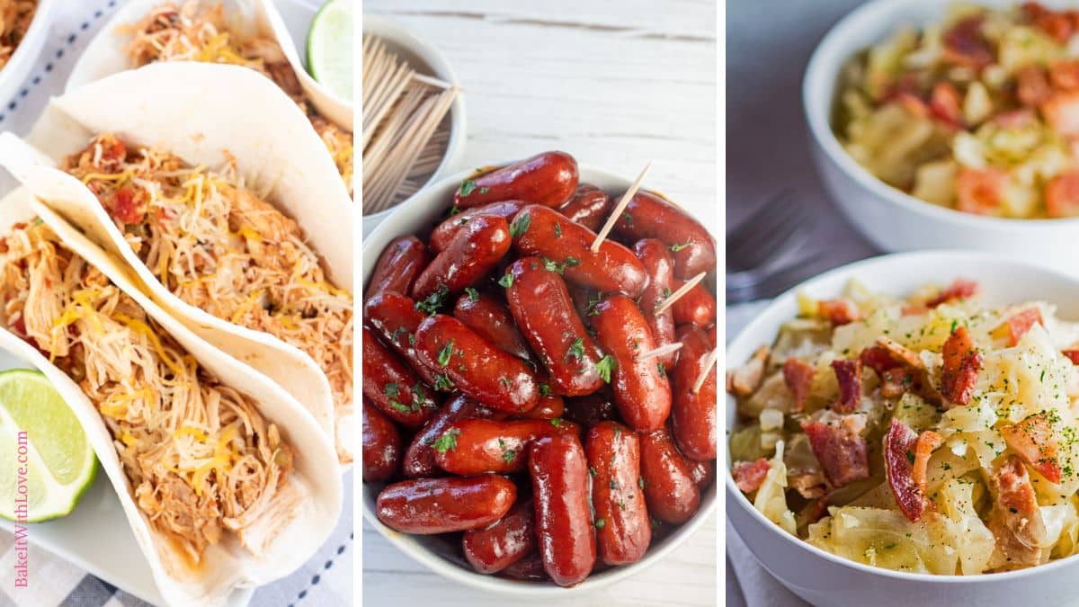 A wide trio of tall images showing tasty summer dinners you can make in the crockpot including shredded chicken tacos, BBQ Lil Smokies sausages, and cabbage with bacon.