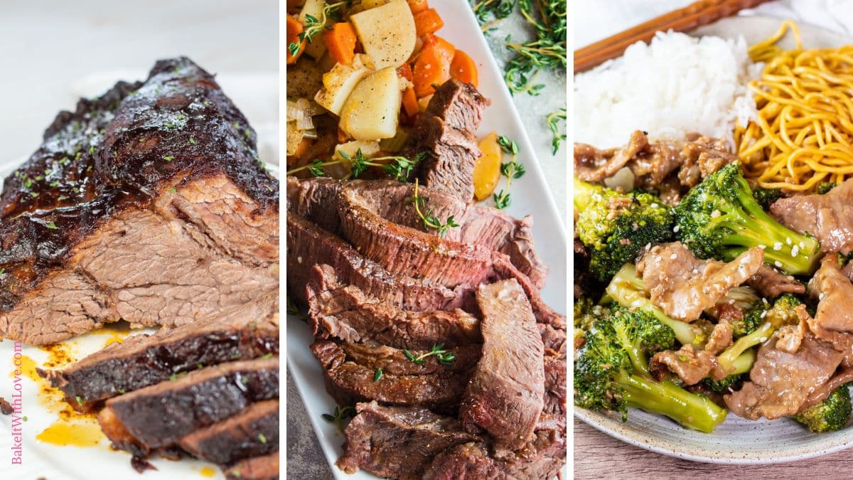 A wide trio of tall images showing easy summer crockpot meal ideas including slow cooker brisket, crockpot mongolian beef, and Yankee pot roast.
