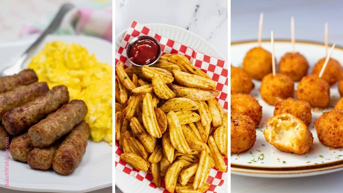 Three vertical images showing air-fried frozen foods: breakfast sausage links with scrambled eggs, seasoned potato wedges with ketchup, and golden-brown macaroni and cheese bites, one broken open to show the cheesy interior.