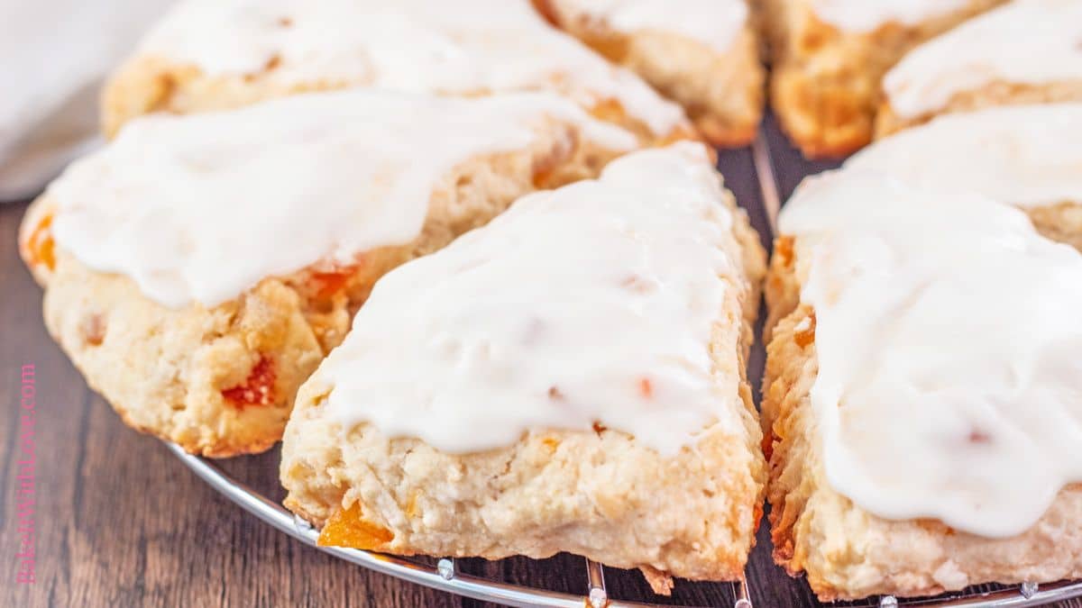 Tender, delicious tropical fruit scones with shredded sweetened coconut and a coconut icing.