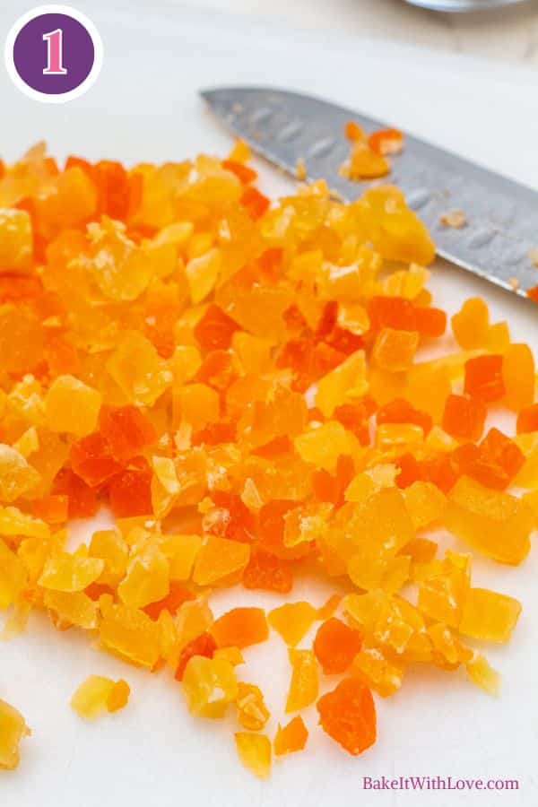 Tropical fruit scones prep step 1 chop the diced dried tropical fruit mix.
