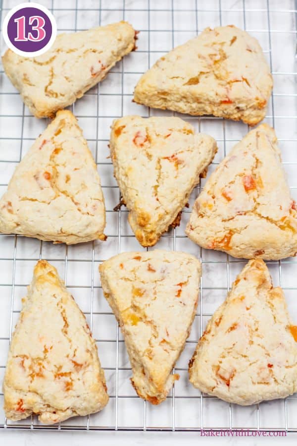 Tropical fruit scones process photo 10 baked scones on a wire cooling rack.