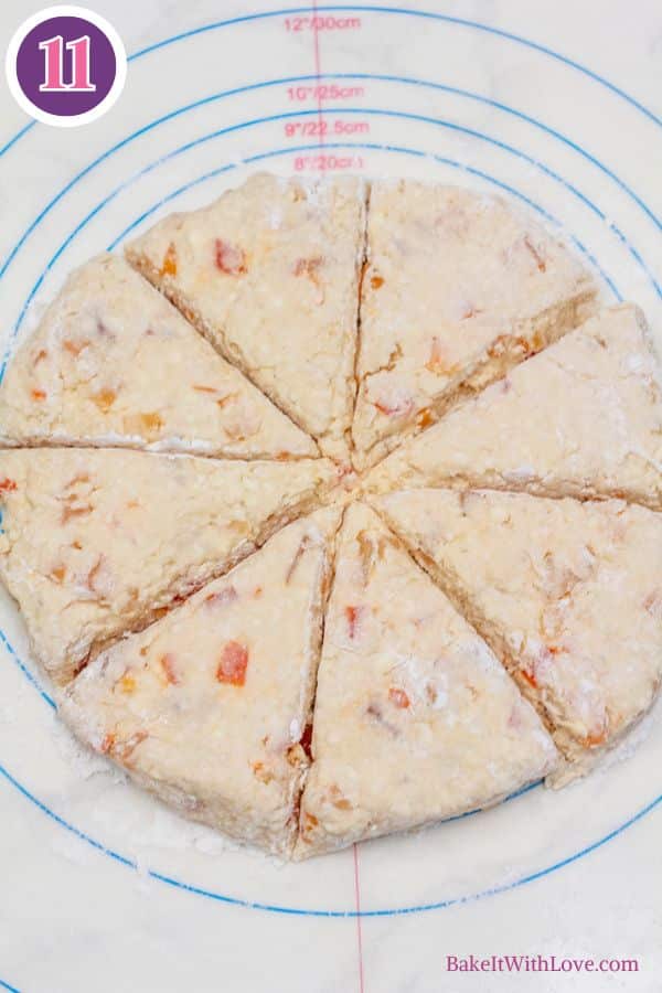 Tropical fruit scones process photo 8 cut into 8 wedges.