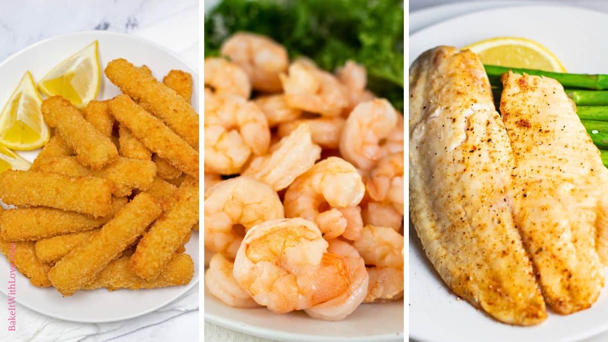 Three vertical images displaying air-fried frozen seafood: golden fish sticks with lemon wedges, a pile of cooked pink shrimp, and two seasoned fish fillets with asparagus and a lemon slice