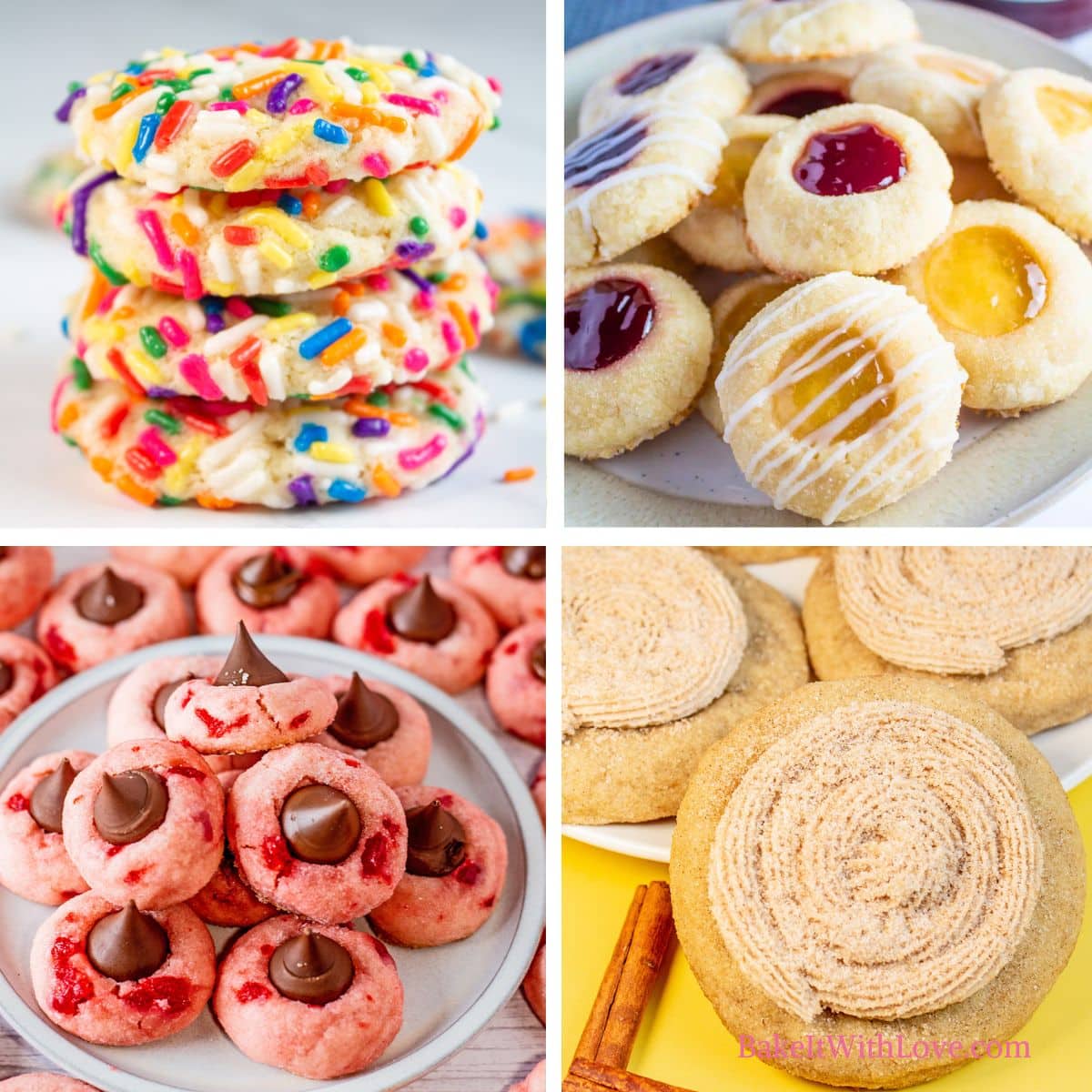 A four-panel square image showcasing a variety of summertime cookies: sprinkle sugar cookies, jam thumbprint cookies, strawberry blossom cookies with chocolate, and frosted snickerdoodles.