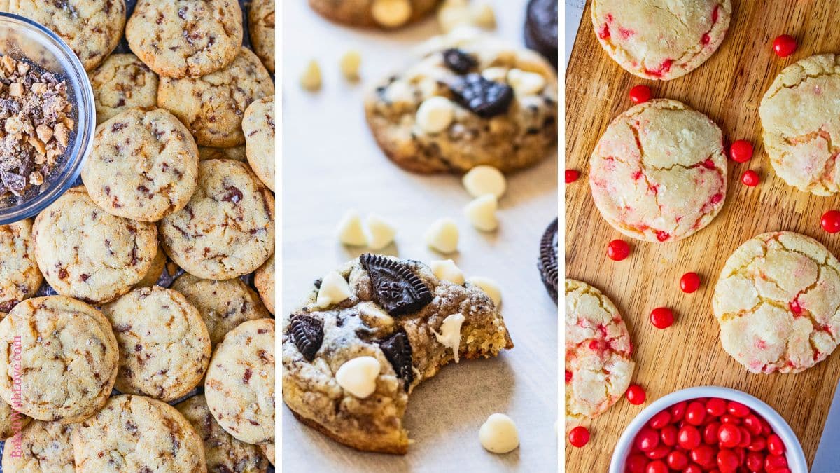 Three vertical panels showcasing various summer cookies. The left panel features a pile of small, light brown butterscotch chip cookies, with a bowl of crushed butterscotch pieces beside them. The middle panel displays several 'Cookies and Cream' cookies with white chocolate chips and crushed chocolate sandwich cookies, one with a bite taken out. The right panel shows round, light-colored cookies with red candy pieces baked in, arranged on a wooden board next to a bowl of red candies.