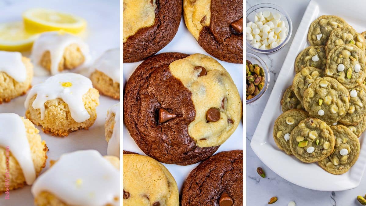 Three vertical panels featuring different summer cookies. The left panel shows round lemon cookies with white glaze and lemon slices in the background. The middle panel displays large, half-chocolate, half-vanilla 'Black and White' cookies with chocolate chips. The right panel shows a pile of green pistachio cookies with white chocolate chips on a white platter, with small bowls of white chocolate chips and pistachios on the side.