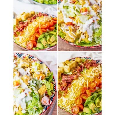 Pinterest pin showing different angles in 4 images Collage of BLT salad with lettuce, tomatoes, bacon, cheese, avocado, croutons, and dressing.