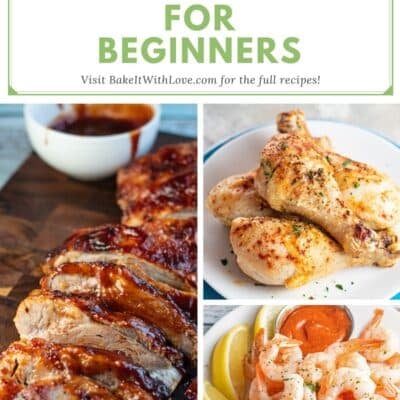 A Pinterest-style graphic titled "25+ Air Fryer Recipes for Beginners" with the text "Visit BakeItWithLove.com for the full recipes!" Below the title are three photos of prepared dishes. The left photo shows sliced BBQ ribs with sauce. The top right photo features golden-brown air-fried chicken drumsticks. The bottom right photo displays cooked shrimp with lemon wedges and a dipping sauce.