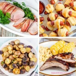 A square collage of four food photos. The top left image shows a bacon-wrapped pork tenderloin, sliced and garnished with parsley. The top right image features a pile of golden-brown pigs in a blanket, with a small dish of ketchup. The bottom left image displays a bowl of roasted small potatoes of various colors, some with their skins on. The bottom right image shows a plate with two pieces of BBQ ribs, corn on the cob, and what appears to be macaroni salad. The website "BakeItWithLove.com" is visible at the bottom right.