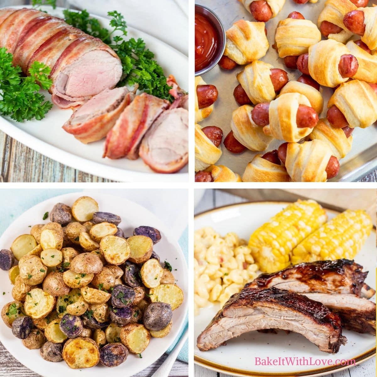 A square collage of four food photos. The top left image shows a bacon-wrapped pork tenderloin, sliced and garnished with parsley. The top right image features a pile of golden-brown pigs in a blanket, with a small dish of ketchup. The bottom left image displays a bowl of roasted small potatoes of various colors, some with their skins on. The bottom right image shows a plate with two pieces of BBQ ribs, corn on the cob, and what appears to be macaroni salad. The website "BakeItWithLove.com" is visible at the bottom right.
