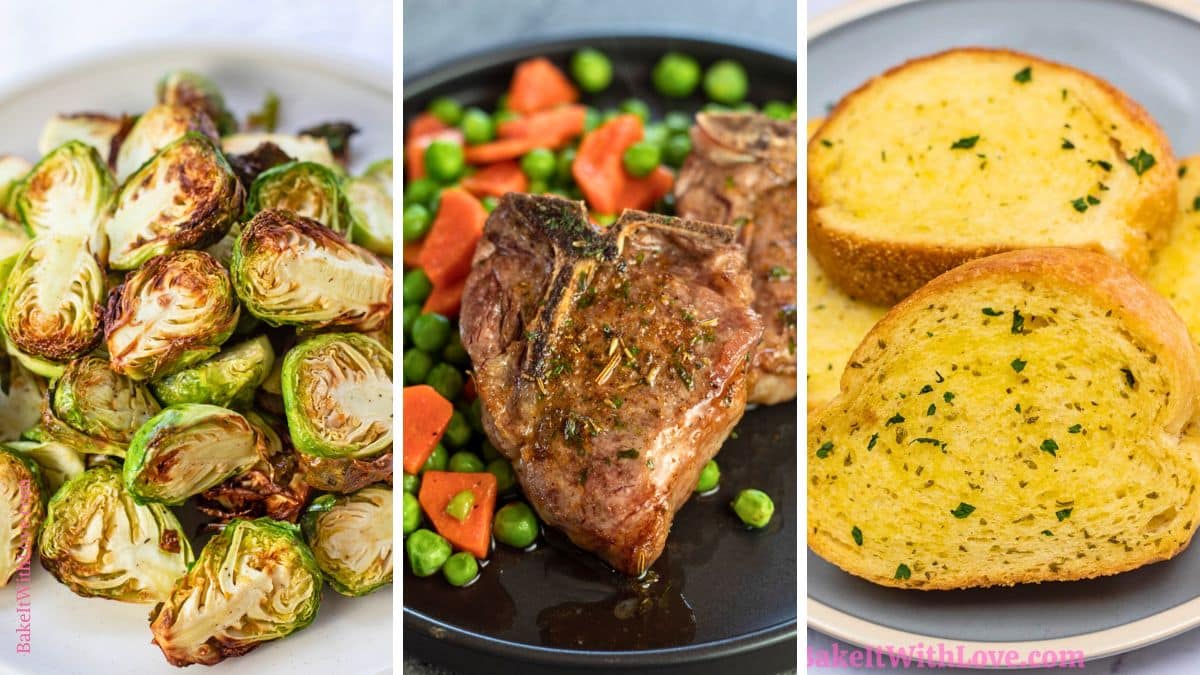 A horizontal triptych of three food photos. The left image shows roasted Brussels sprouts with crispy, browned edges. The middle image features a cooked lamb chop seasoned with herbs, served with green peas and diced carrots. The right image displays several slices of golden-brown garlic bread, sprinkled with parsley.