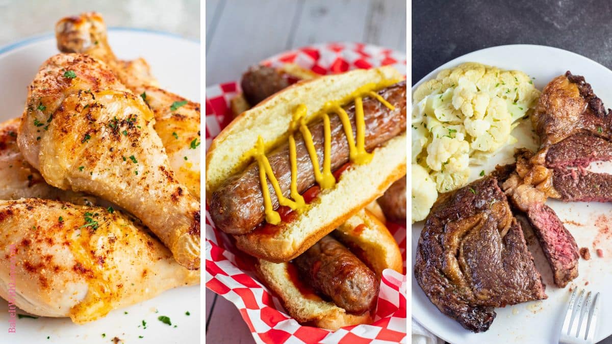 A horizontal triptych of three food photos. The left image shows perfectly cooked, golden-brown chicken drumsticks. The middle image features several hot dogs in buns, topped with mustard and ketchup, in a red and white checkered basket. The right image displays a cooked steak, sliced to show its medium-rare interior, accompanied by steamed cauliflower.