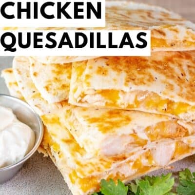 A pinterest pin for rotisserie chicken quesadillas showing crispy quesadilla wedges stuffed with rotisserie chicken and melted cheese, plated with sour cream and garnished with fresh cilantro leaves with red and black text overlayed.