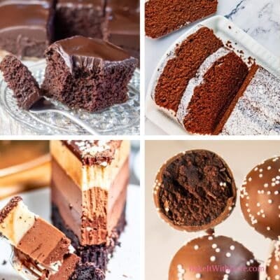 Square collage image featuring 4 chocolate cake recipes including an easy 9x13 chocolate cake, chocolate loaf cake, layered mousse cake, and cake pops.