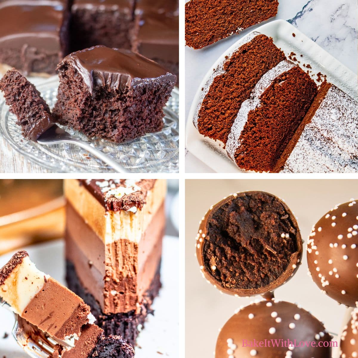 Square collage image featuring 4 chocolate cake recipes including an easy 9x13 chocolate cake, chocolate loaf cake, layered mousse cake, and cake pops.