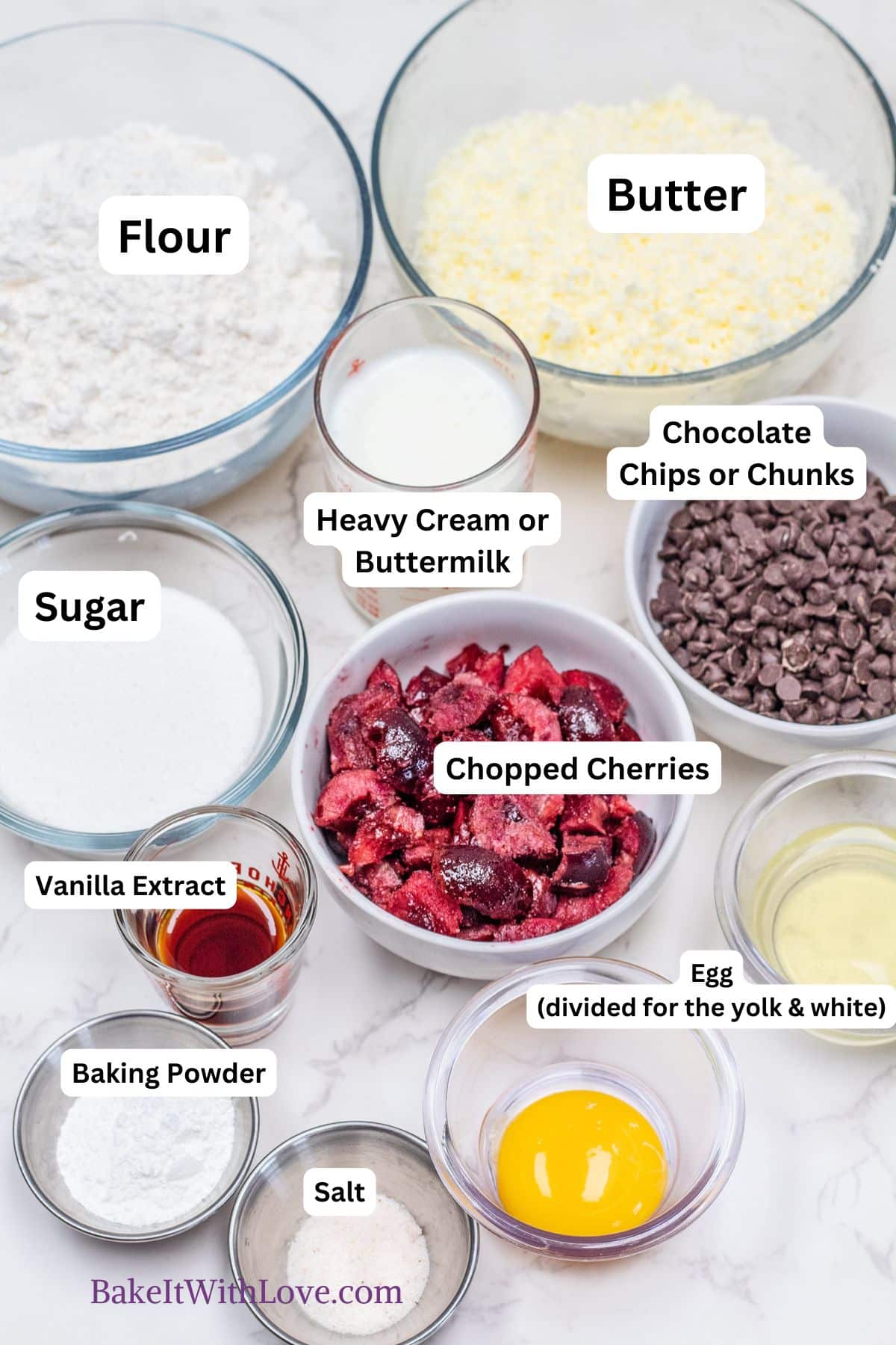 Cherry chocolate chip scones ingredients measured out and ready to combine to make the scone dough.