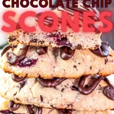 Best cherry chocolate chip scones recipe pin featuring stacked scones with chocolate ganache topping.
