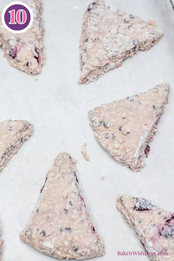 Cherry chocolate chip scones process photo 10 transfer wedges to a baking sheet then chill.