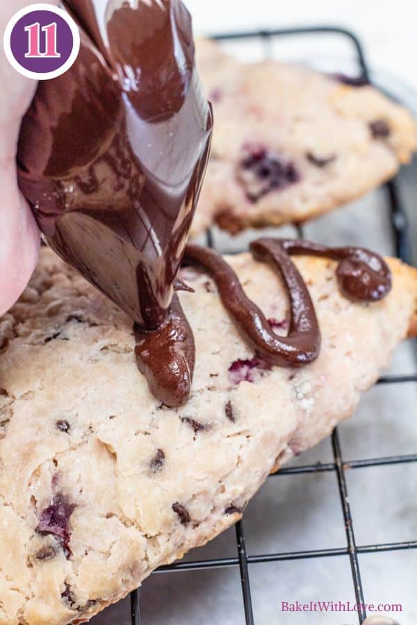 Cherry chocolate chip scones process photo 11 drizzle chocolate ganache over the baked scones.