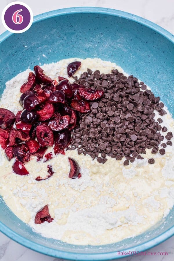 Cherry chocolate chip scones process photo 6 pour the wet ingredients into a well in the dry ingredients and add chocolate chips and cherries.
