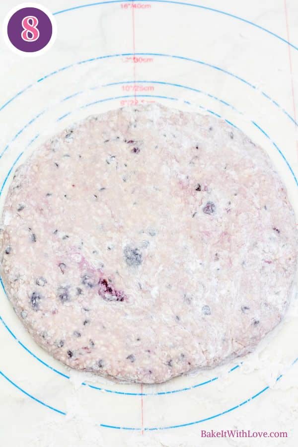Cherry chocolate chip scones process photo 8 turn out the dough onto a floured surface and shape into a disc.