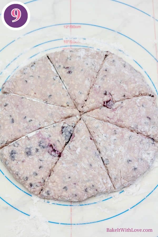 Cherry chocolate chip scones process photo 9 cut disc into 8 equal wedges.